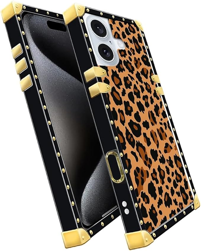 Compatible with iPhone 16 Case, Brown Leopard Texture Luxury Golden Decoration for Girl Women Soft TPU Shockproof Protective Hard PC Back