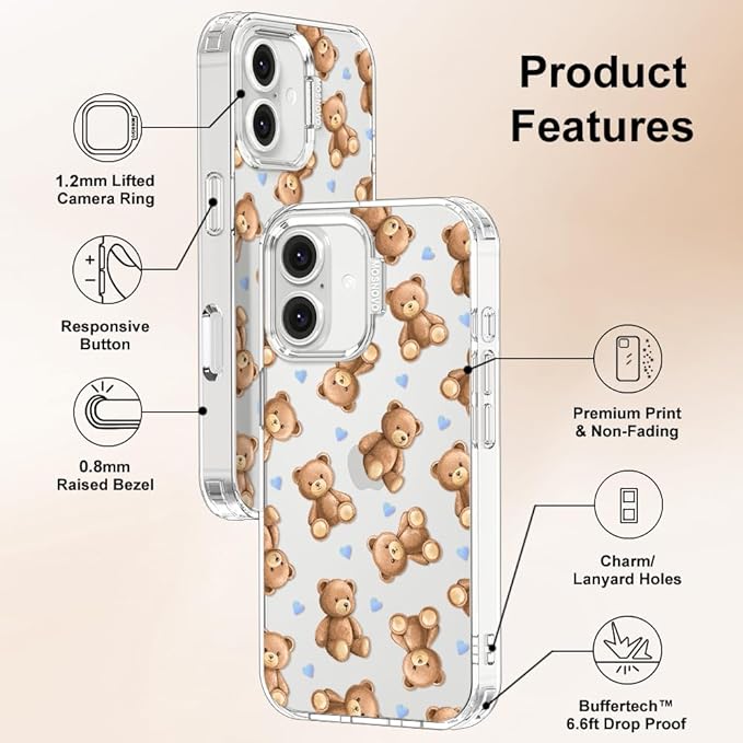MOSNOVO for iPhone 16 Plus Case, Shockproof Military-Grade Protection 6.6ft Drop Tested, Clear Phone Case for iPhone 16 Plus, Teddy Mood Design