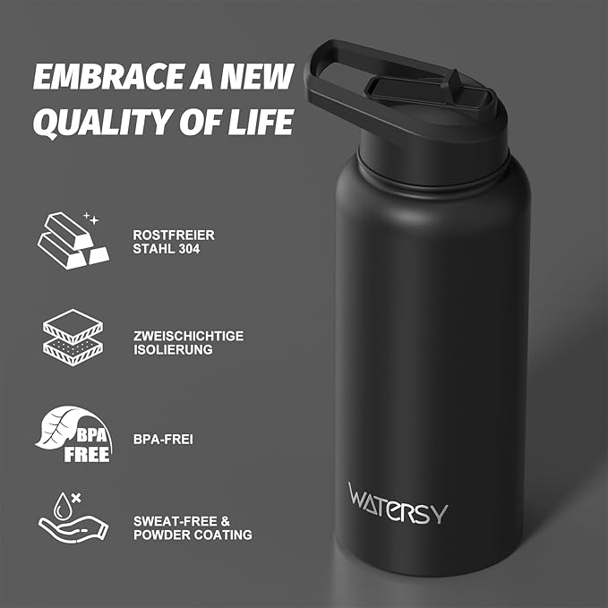 32oz Insulated Water Bottle (Cold for 48 Hrs),BPA Free&Leak Proof,Stainless Steel Water Flask,Water Jug with Straw Spout Lids for Gym,Hiking,Travel,Black