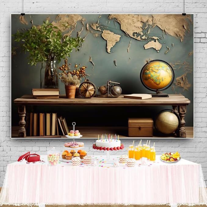 7x5ft Vintage World Map Backdrop Wooden Desk Globe Photography Background Study Room Office Bookcase Books for Video Conference Zoom Meeting Graduation Party Cake Table Banner Photo Booth Props