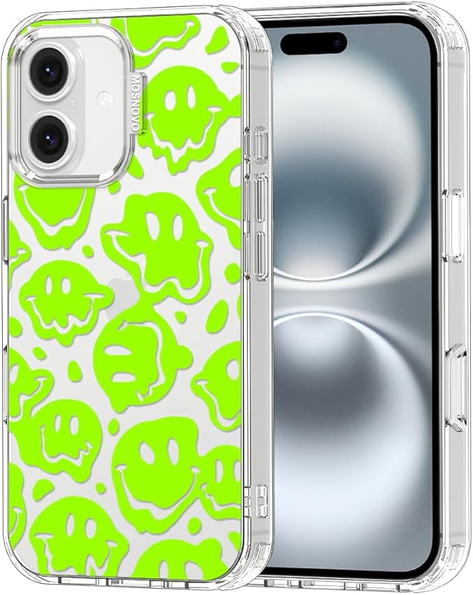 MOSNOVO Case for iPhone 16, [Buffertech 6.6ft Military-Grade Drop Protection] [Anti Peel Off Tech] Clear TPU Bumper Phone Case Cover Design - Distorted Green Smiles Face