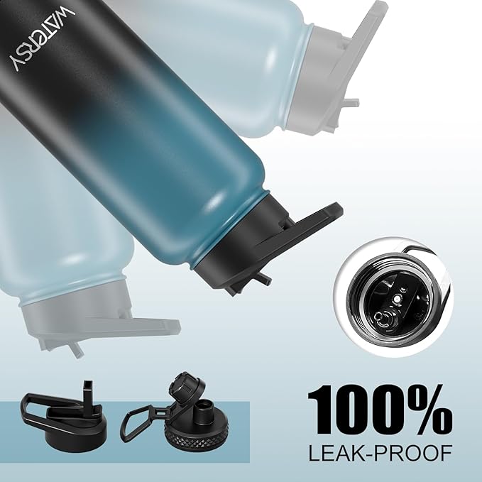 32oz Insulated Water Bottle (Cold for 48 Hrs),BPA Free&Leak Proof,Stainless Steel Water Flask,Water Jug with Straw Spout Lids for Gym,Hiking,Travel,Black Blue