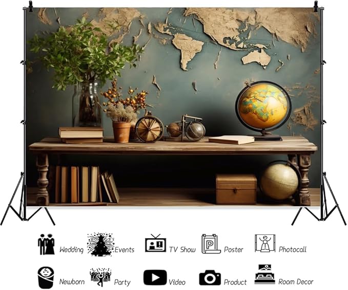 7x5ft Vintage World Map Backdrop Wooden Desk Globe Photography Background Study Room Office Bookcase Books for Video Conference Zoom Meeting Graduation Party Cake Table Banner Photo Booth Props