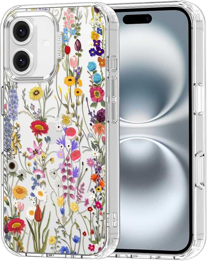 MOSNOVO Case for iPhone 16, [Buffertech 6.6ft Military-Grade Drop Protection] [Anti Peel Off Tech] Clear TPU Bumper Phone Case Cover Design - Wildflower Meadow