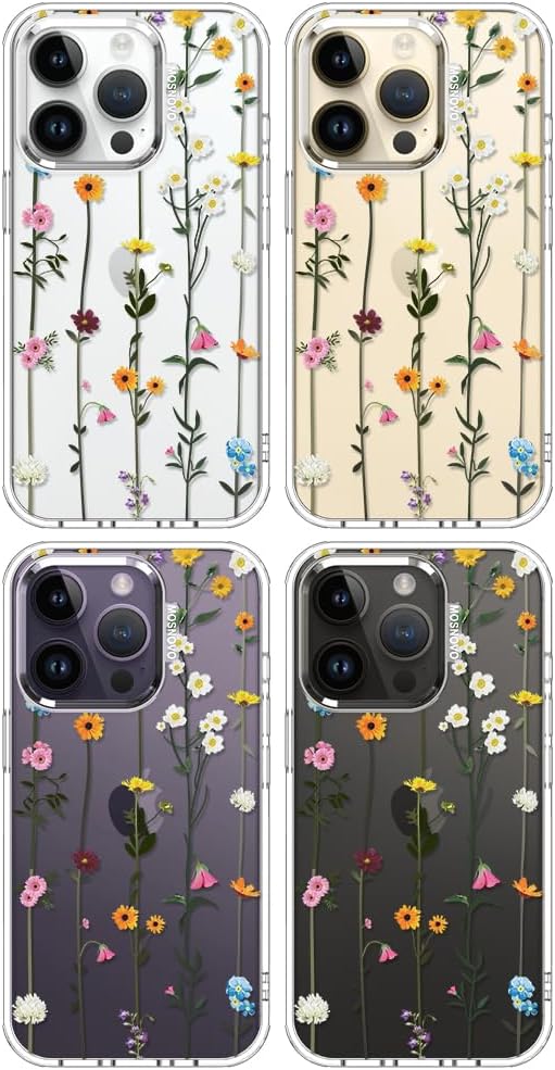 MOSNOVO Case for iPhone 14 Pro, [Buffertech 6.6ft Military-Grade Drop Protection] [Anti Peel Off Tech] Clear TPU Bumper Phone Case Cover Design - Wildflowers