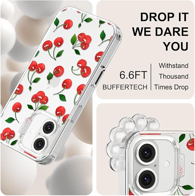 MOSNOVO Case for iPhone 16, [Buffertech 6.6ft Military-Grade Drop Protection] [Anti Peel Off Tech] Clear TPU Bumper Phone Case Cover Design - Cute Cherry