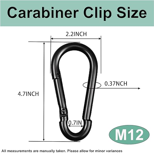 Black Carabiner, Heavy Duty Galvanized Steel Spring Snap Hook Carabiner Clips with 1000LBS Holding Capacity, Ideal for Outdoor, Hammock, Swing and Travel (2PCS M12 4.7Inch)