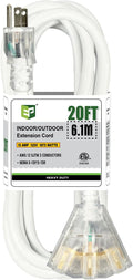 EP 20FT 12 Gauge Heavy Duty Extension Cord, 15A 125V 1875W, 3 Outlet Indoor/Outdoor Power Cord with Lighted End, 12/3 SJTW Weatherproof White, ETL Listed