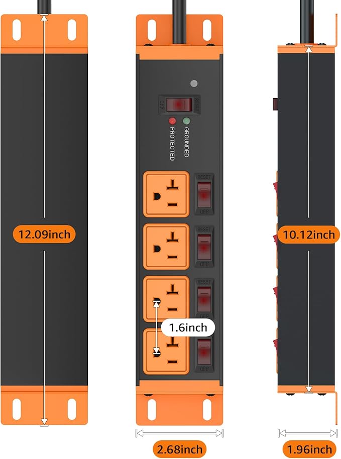 CCCEI Heavy Duty Surge Protector Power Strip 20 Amp Individual Switches. 6FT 12 Gauge Extension Cord with Multiple Outlets. Kitchen, Garage, Shop, Industrial Wall Mount Electric Extender, Orange.