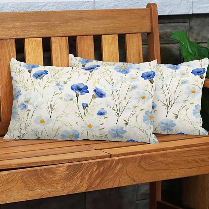 EKOBLA Watercolor Flowers Decorative Pillow Case Throw Pillow Covers Blue Cornflower Daisy Spring Linen Lumber Decorative Throw Cushion Cover Pillowcases for Bed Sofa Oblong Rectangle 12x20