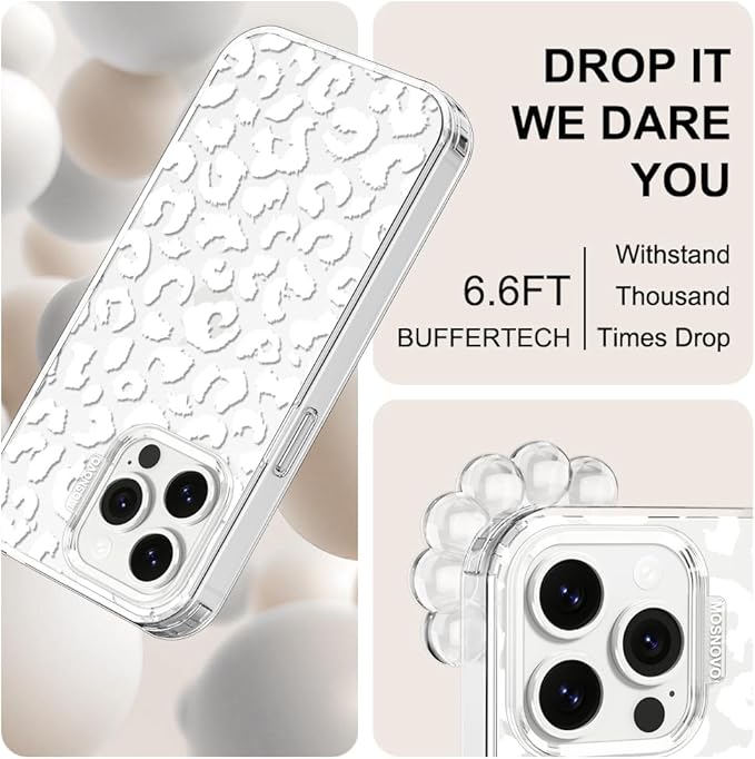 MOSNOVO Case for iPhone 13 Pro, [Buffertech 6.6ft Military-Grade Drop Protection] [Anti Peel Off Tech] Clear TPU Bumper Phone Case Cover Design - White Leopard Print