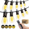 Outdoor Patio String Lights: S14 Shatterproof Bulb Outside Waterproof Light - 100Ft 30M Remote Dimmable Connectable Hanging Outdoor Electric Lighting - Garden Backyard Yard Gazebo Porch Party