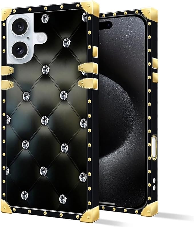 Compatible with iPhone 16 Case, Shiny Black Sofa Crystal Luxury Golden Decoration for Girl Women Soft TPU Shockproof Protective Hard PC Back
