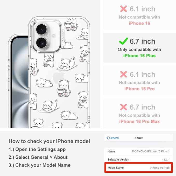 MOSNOVO for iPhone 16 Plus Case, Shockproof Military-Grade Protection 6.6ft Drop Tested, Clear Phone Case for iPhone 16 Plus, Cozy Bear Days Design