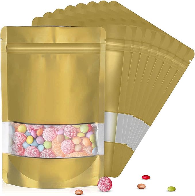 4.7"x7.8" 120pcs Mylar Bags for Food Storage,Smell Proof Bag with Matte Window Resealable Food Storage Bags for Small Business, Stand-up Foil Pouch Packaging Freeze Dried Candy Bag(Gold)