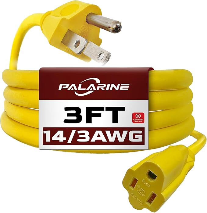 3ft Yellow Extension Cord Waterproof, UL Listed, 14/3 SJTW Heavy Duty 3 Prong, 14 Gauge 15A Power Cord Ideal for Lights, Appliances, and Lawn