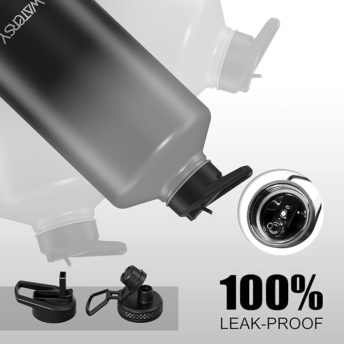 1 Gallon Water Bottle Insulated(Cold for 48 Hrs),BPA Free&Leak Proof,128oz Stainless Steel Water Jug,Large Water Bottle with Straw Spout Lids for Gym,Hiking,Camping&Travel,Grey Black