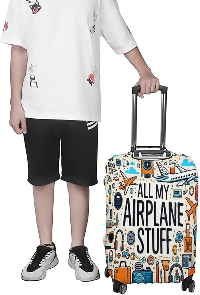 Airplane Travel Accessories Collection Stretch Luggage Cover, Washable Suitcase Protector Fits 22-24in Cases, Secure Fit for Carry On Checked Bags, Travel Essentials