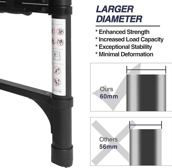 BOCOM 8.5 FT Aluminum Telescoping Ladder, Lightweight Multi-Purpose Collapsible Extension with 2 Triangle Stabilizers, Heavy Duty 330 lbs Max Capacity, Ideal for Home, RV, and Outdoor Work Black