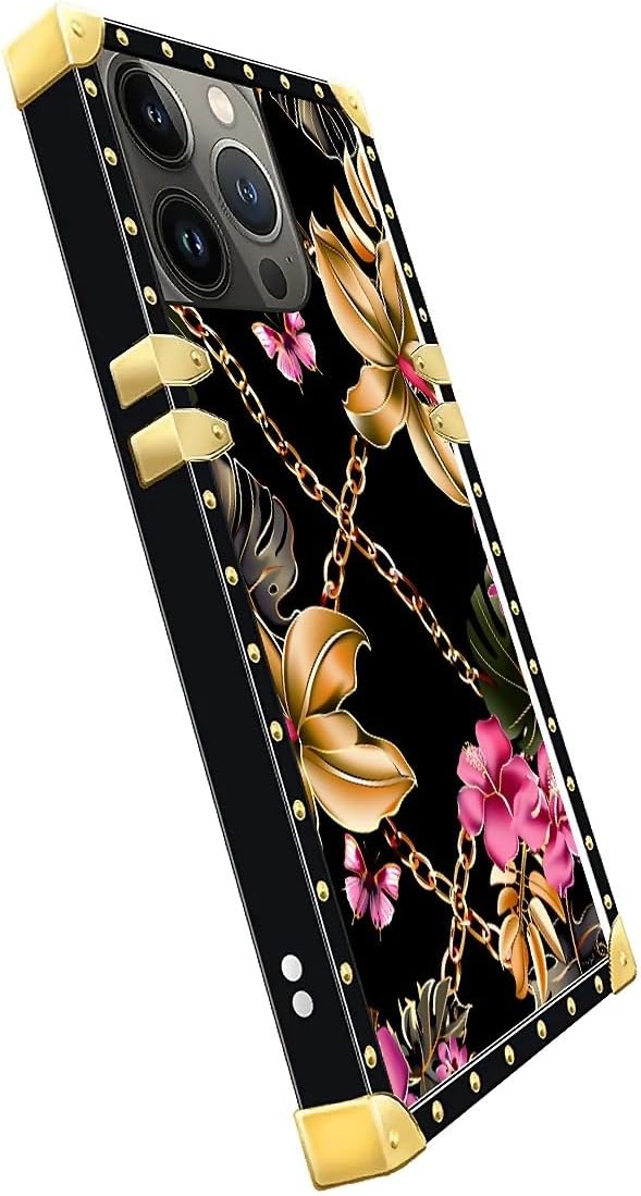 Compatible with iPhone 14 Pro Max Case, Pink Golden Chain Tropical Flower Luxury Golden Decoration for Girl Women Soft TPU Shockproof Protective Hard PC Back for iPhone 14 Pro Max