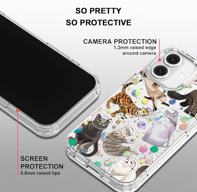 MOSNOVO Case for iPhone 16, [Buffertech 6.6ft Military-Grade Drop Protection] [Anti Peel Off Tech] Clear TPU Bumper Phone Case Cover Design - Space Cat
