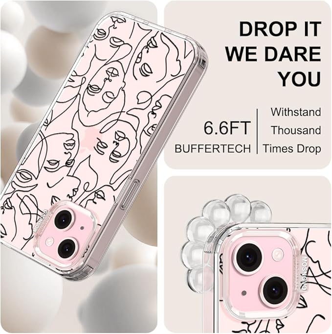 MOSNOVO Case for iPhone 15, [Buffertech 6.6ft Military-Grade Drop Protection] [Anti Peel Off Tech] Clear TPU Bumper Phone Case Cover Design - Abstract Face Line Art