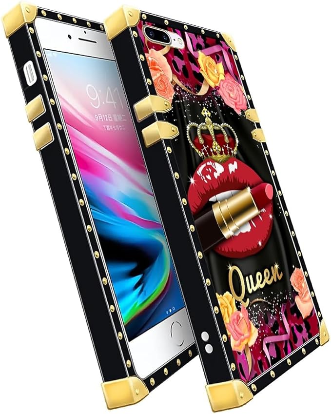 Compatible with iPhone 8 Plus 7 Plus Case, Queen Lip Crown Leopard Print Luxury Golden Decoration for Girl Women Soft TPU Shockproof Protective Hard PC Back for iPhone 8 Plus 7 Plus