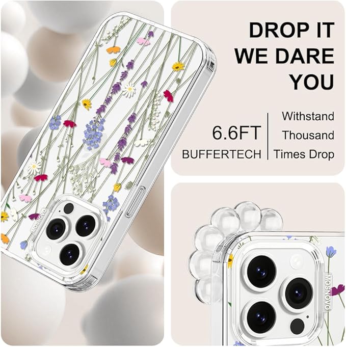 MOSNOVO Case for iPhone 14 Pro Max, [Buffertech 6.6ft Military-Grade Drop Protection] [Anti Peel Off Tech] Clear TPU Bumper Phone Case Cover Design - Floral Garden