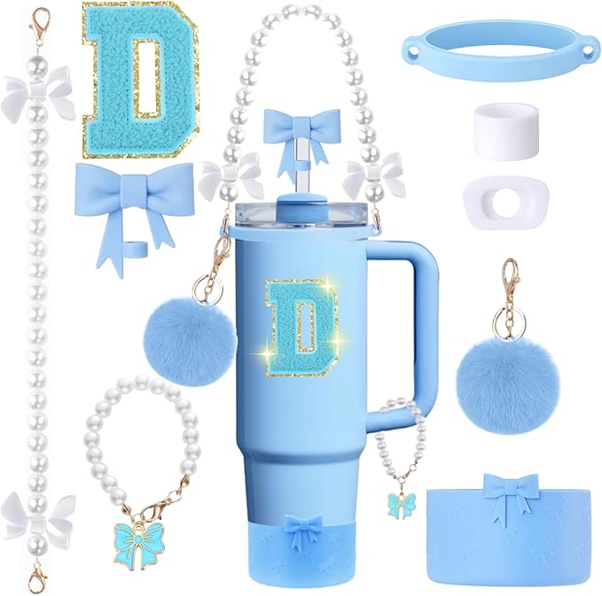 9pcs Stanley Cup Accessories Set- for 30oz 40oz Tumblers with Handle - Bule Kit Includes Bow Straw Topper and Boot, Charm, Pearl Handle Strap & Stickers - Aesthetic Girl Gifts (D)