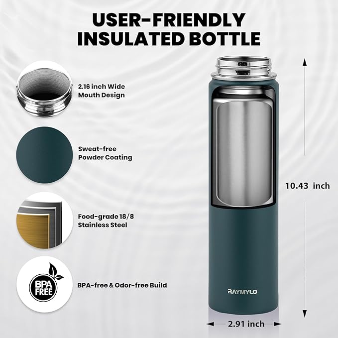 RAYMYLO Insulated Water Bottle 24oz, Triple Wall Vacuum Stainless Steel (Cold for 24Hrs, Hot for 12Hrs), Leak Proof & Non-BPA, 24oz Hydro Water Flask with Paracord Handle & Straw Spout Lids