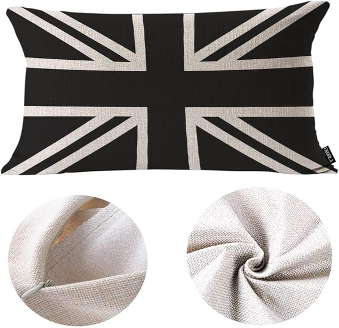 EKOBLA UK Flag Pillow Cases Union Jack Black White United Kingdom National Banner Linen Lumber Decorative Throw Cushion Cover Pillowcases for Bed Sofa Oblong Rectangle 12x20 Inches