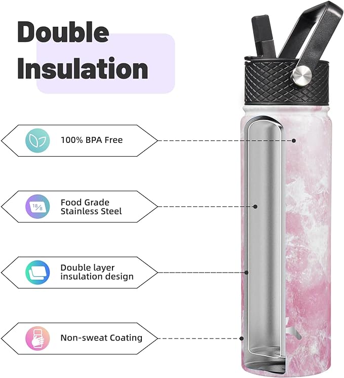 Konokyo 22oz Stainless Steel Bottles with 3 Lids Sport Insulated Water Bottle,Marble Blossom