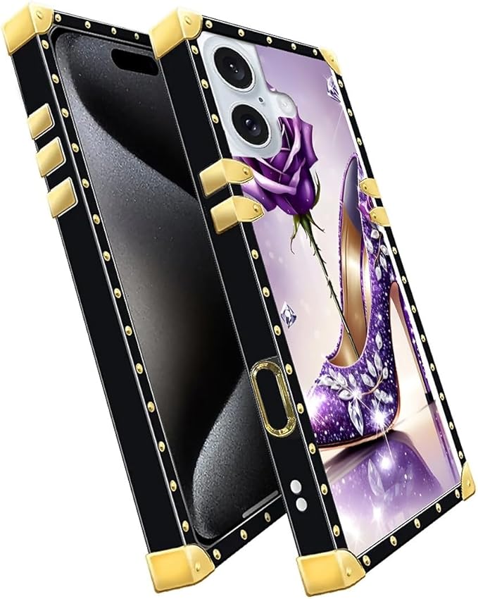 Compatible with iPhone 16 Plus Case, High Heeled Purple Diamond Rose Luxury Golden Decoration for Girl Women Soft TPU Shockproof Protective Hard PC Back for iPhone 16 Plus