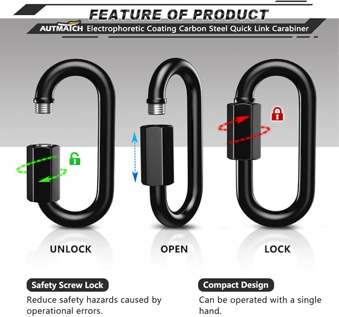 AUTMATCH Carabiner Clips, 3" Spring Snap Hook Caribeener Clips Buckle Heavy Duty Locking Carabiners Chain Quick Links, 4 Pack