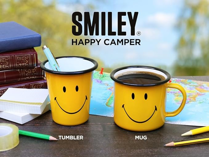 Suck UK Smiley Enamel Tea Mug - Coffee Cup - Camping Gear - Vintage Metal Camping Cup - Outdoor Camper Gift - Coffee Gifts for Men - Retro Enamelware - Stocking Stuffers Mug - Smiley Drinkware 12oz