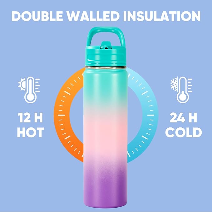 Fijinhom 24oz Insulated Stainless Steel Water Bottle with Straws, Double Wall Vacuum Insulated Bottles, Metal Thermo for Travel, Sports, Leak-Proof, BPA Free, Women & Men, Color Gradient