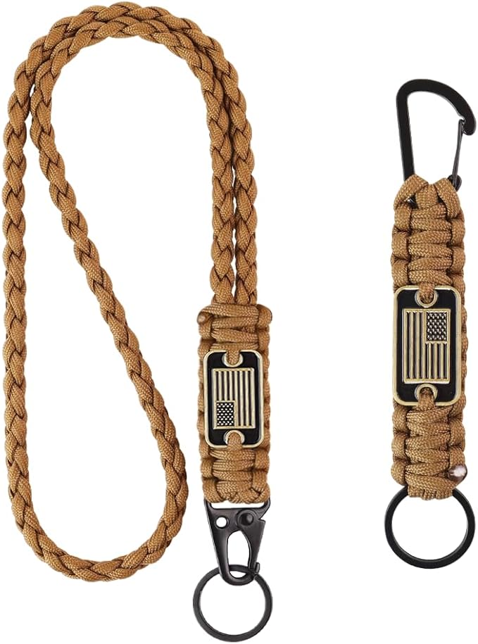2pcs Heavy Duty Braided Paracord Lanyard Keychains with USA Flag, Parachute Rope Necklace for Outdoor Activities