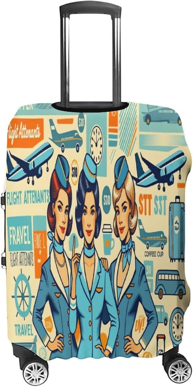 Flight Attendants Travel Vintage Style Retro Stretch Luggage Cover, Washable Suitcase Protector Fits 22-24in Cases, Secure Fit for Carry On Checked Bags, Travel Essentials