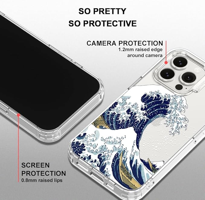 MOSNOVO Case for iPhone 15 Pro Max, [Buffertech 6.6ft Military-Grade Drop Protection] [Anti Peel Off Tech] Clear TPU Bumper Phone Case Cover Design - Great Wave