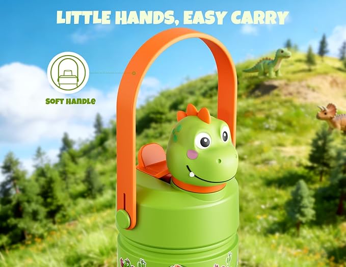 POWCAN 18 oz Kids Stainless Steel Water Bottle: 2-in-1 Straw Spout Lid with Soft Animal Head, Leakproof, Car Cupholder Friendly, Keep Cold 24H, Insulated Bottle for School, Sports, Camp (Cowboy Rex)