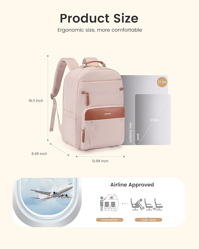 LOVEVOOK Laptop Backpack for Women with Leather Trim & Tumbler Pockets, 17.3" Work Backpack Purse, Travel Personal Item Bag, Carry On Business Computer Bag for Office, School, or Gift, Soft Taupe