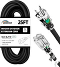 Indoor Outdoor Extension Cord Weatherproof with Lighted End, UL Certified, 10 Gauge 25FT Black 3 Prong Heavy Duty, 10/3 SJTW 15A Power Cord for Outdoor Lights, Lawn