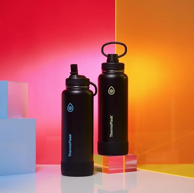 ThermoFlask 24 oz Double Wall Vacuum Insulated Stainless Steel Water Bottle with Straw Lid, Electric Eclipse