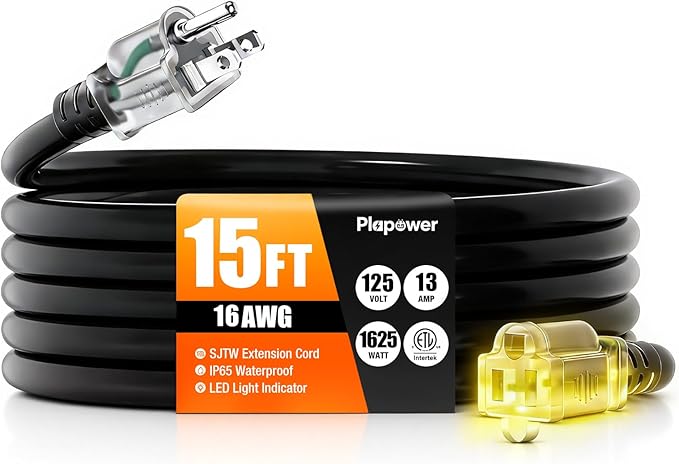 Outdoor Extension Cord 15 FT Waterproof, 12/3 Gauge Heavy Duty 3 Prong Power Cord with Lighted Indicator End, 15A 125V 1875W SJTW, ETL Listed, Great for Lawn/Garden/Home(Black)
