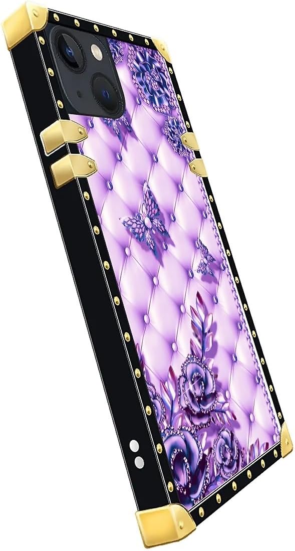 Compatible with iPhone 14 Case, Purple Butterfly Flowers Leaf Luxury Golden Decoration for Girl Women Soft TPU Shockproof Protective Hard PC Back for iPhone 14