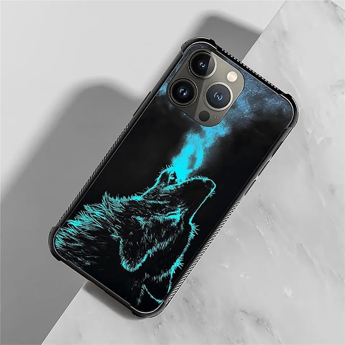 for iPhone 14 Pro Case, Blue Breathing Wolf Pattern Graphic Design Girl Boy Soft Silicone Hard Acrylic Shock Protection for iPhone 14 Pro