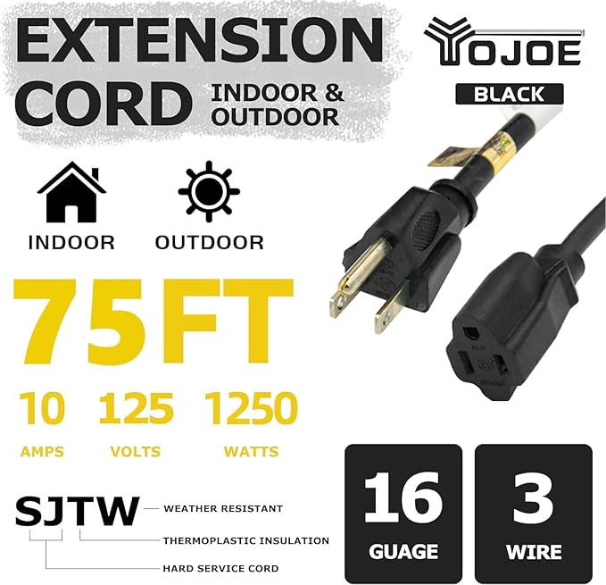 YOJOE Indoor Outdoor Extension Cord, 3 Prong 10A Weatherproof Power Cord, 16 Gauge Heavy Duty 75 ft Black Extension Cord for Garage, Garden and Home, 16/3 SJTW UL Listed