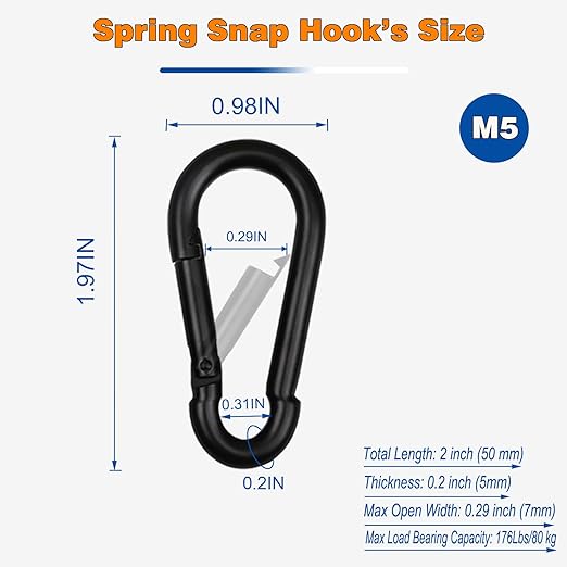 60PCS M5 Heavy Duty Carabiner Clip, 2Inch Snap Hook Quick Link Small Carabiner Clips,Spring Link Buckle for Fishing Camping Hammock Dog Leashes-220LBS Holding Capacity (Black)