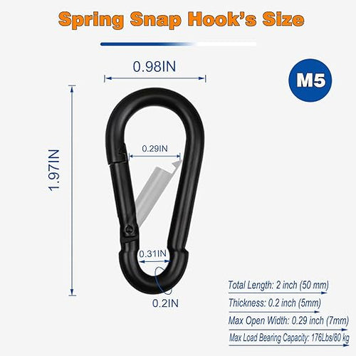 120PCS M5 Heavy Duty Carabiner Clip, 2Inch Snap Hook Quick Link Small Carabiner Clips,Spring Link Buckle for Fishing Camping Hammock Dog Leashes-220LBS Holding Capacity (Black)