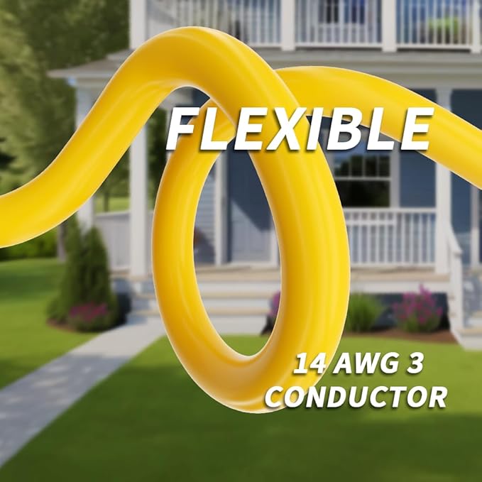 PlugSaf 14/3 Gauge Yellow Outdoor Extension Cord 50 ft Waterproof with Lighted Indicator, Cold Weatherproof -40°C, Flexible 3 Prong Extension Cord Outside,15A 1875W 14AWG SJTW, ETL Listed
